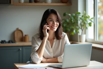 Femme au téléphone dans une cuisine moderne lumineuse