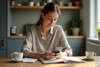 Femme en blouse casual effectuant un transfert d argent sur son smartphone