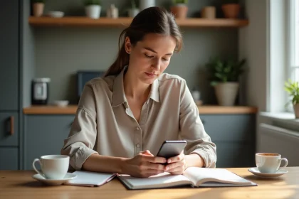 Femme en blouse casual effectuant un transfert d argent sur son smartphone