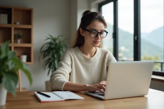 Jeune femme travaillant sur son ordinateur dans un appartement lumineux