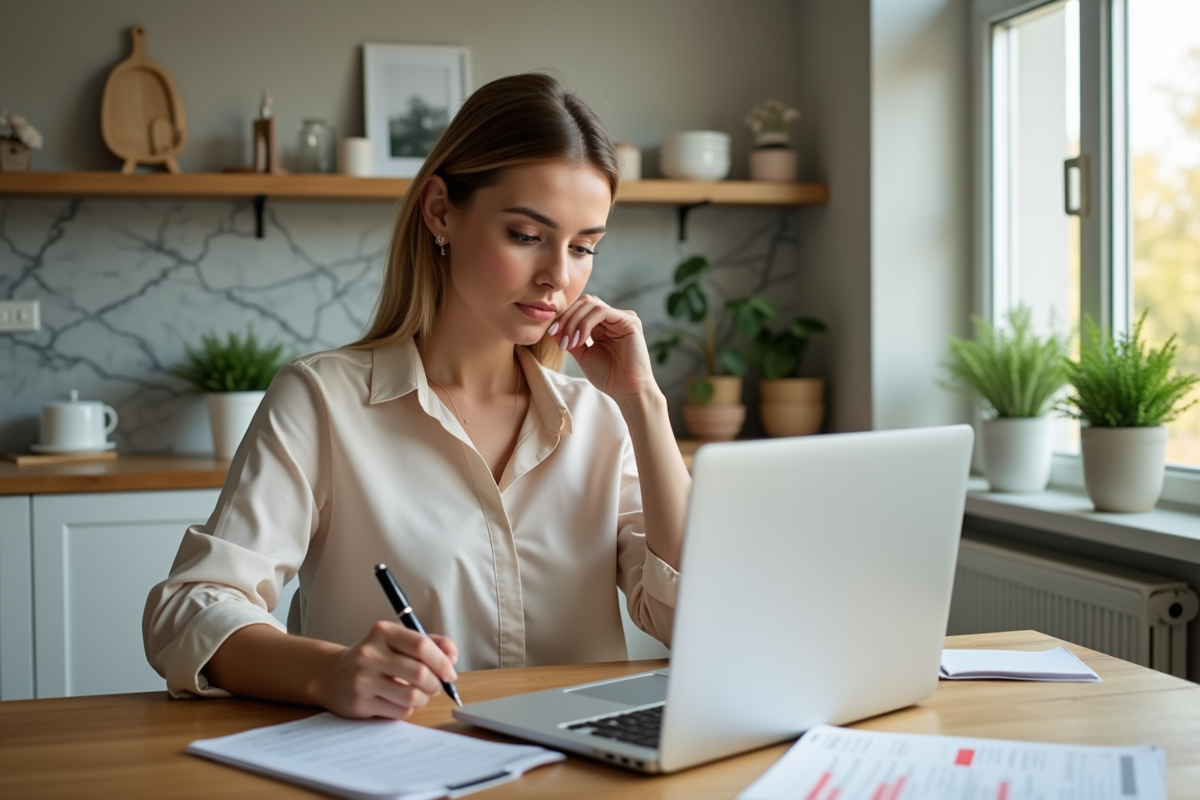 Femme organisée travaillant à la maison avec ordinateur et papiers