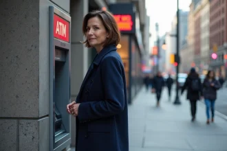 Femme d'âge moyen attentive devant un distributeur en ville