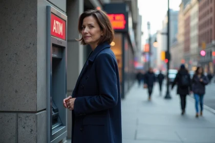 Femme d'âge moyen attentive devant un distributeur en ville