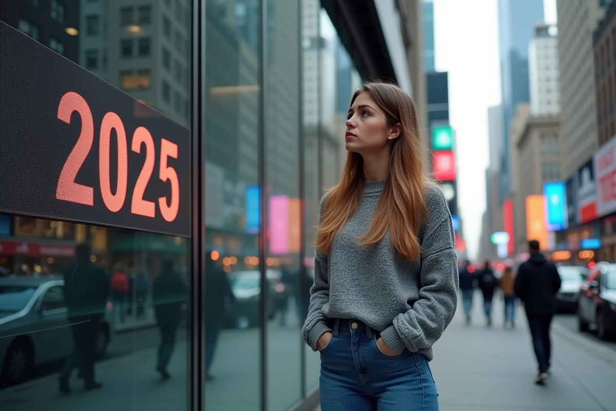 Jeune femme observant un panneau Bitcoin en ville