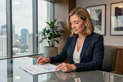Femme gestionnaire de patrimoine analysant un portefeuille d'investissements alternatifs dans un bureau moderne en 2026