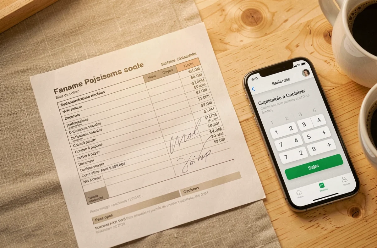 Gros plan sur une fiche de paie française avec application de calcul salaire net brut sur smartphone