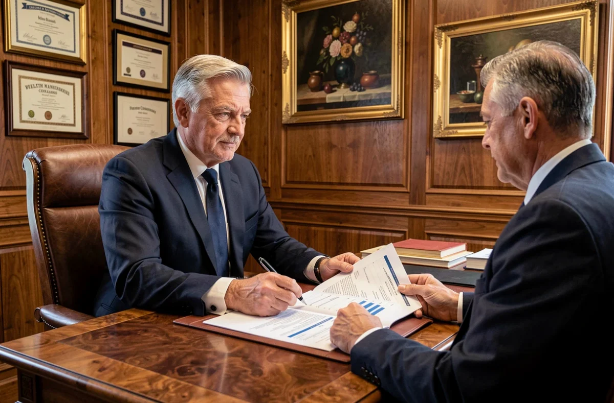 Un conseiller de Hagnéré Patrimoine présente un dossier de crédit professionnel et de gestion patrimoniale à un client dans un cabinet élégant.