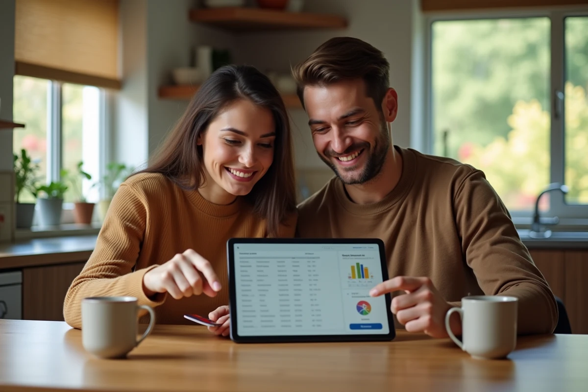 Couple consultant leur compte Hello Bank et leurs paiements sur une tablette dans leur cuisine