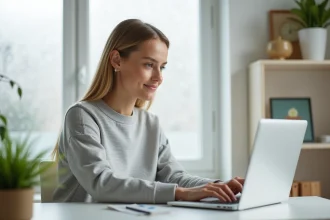 Femme gérant son espace client Hello Bank sur ordinateur portable depuis son bureau à domicile