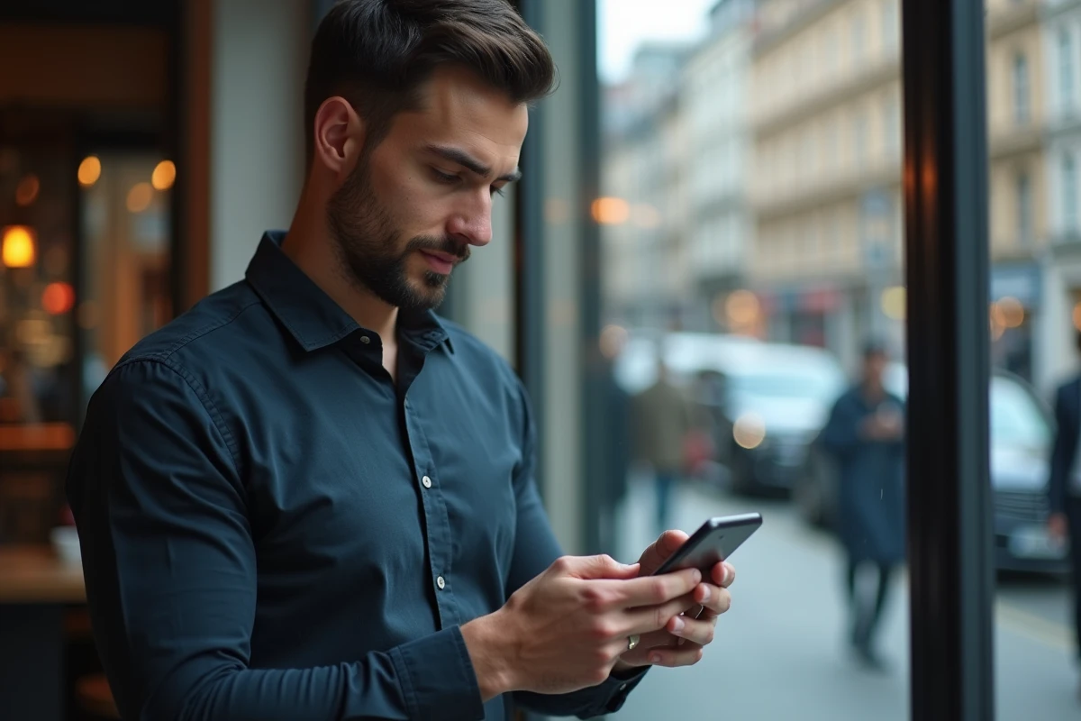 Homme effectuant un virement bancaire sur l'application Hello Bank depuis son smartphone en ville