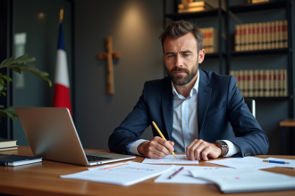 Homme d'affaires français concentré devant un ordinateur Bitcoin