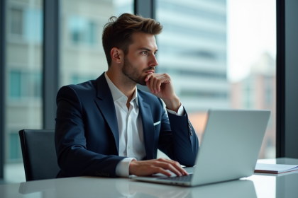 Jeune homme en costume regardant graphiques Shiba Inu