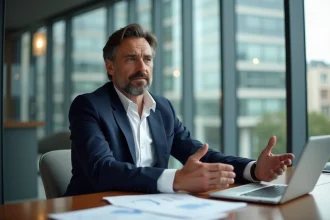 Homme d'affaires français en costume bleu dans un bureau moderne