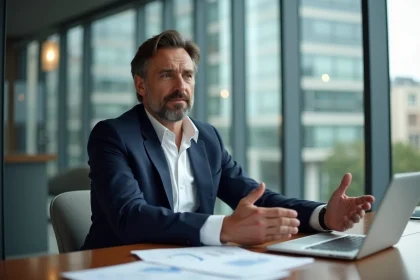 Homme d'affaires français en costume bleu dans un bureau moderne