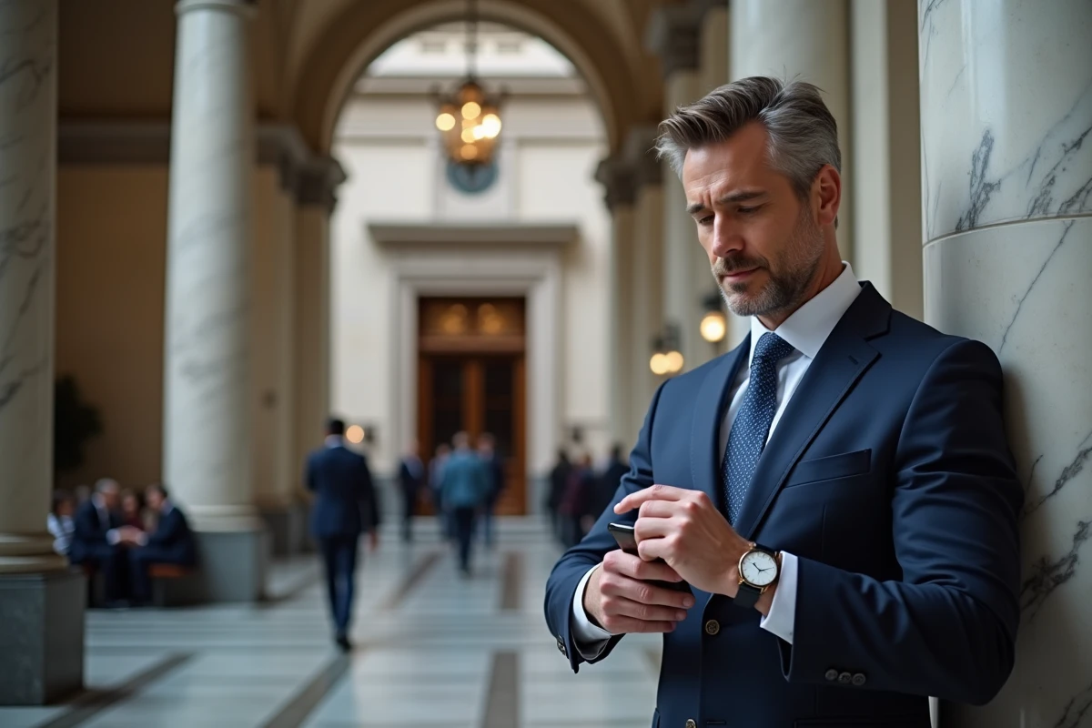 Homme d'affaires en costume bleu vérifiant sa montre à New York