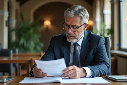 Homme d'affaires en costume dans un bureau méditerranéen