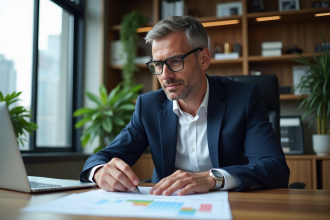 Homme en costume analysant des graphiques financiers dans un bureau lumineux