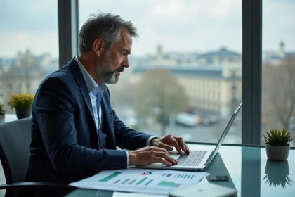 Homme d'affaires français analysant des graphiques à Paris