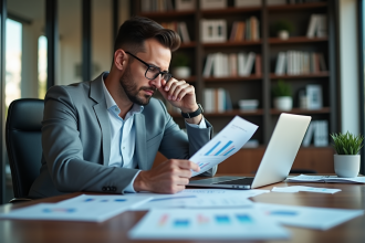 Homme en milieu de 30 ans analyse des graphiques au bureau