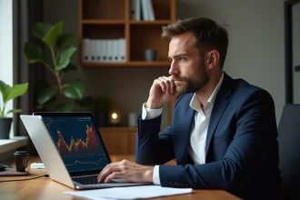 Homme pensif regardant un graphique Bitcoin en bureau