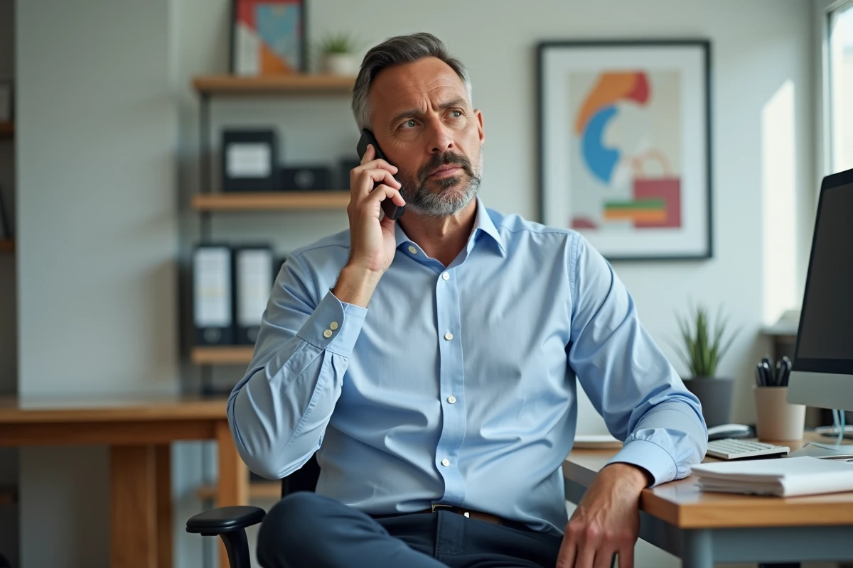 Homme en réunion au bureau avec téléphone portable