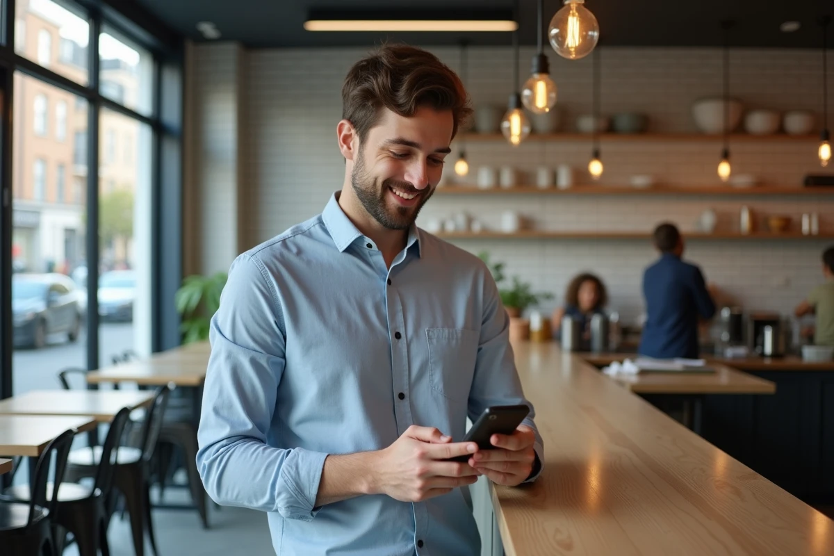 Homme vérifiant son application bancaire dans un café urbain