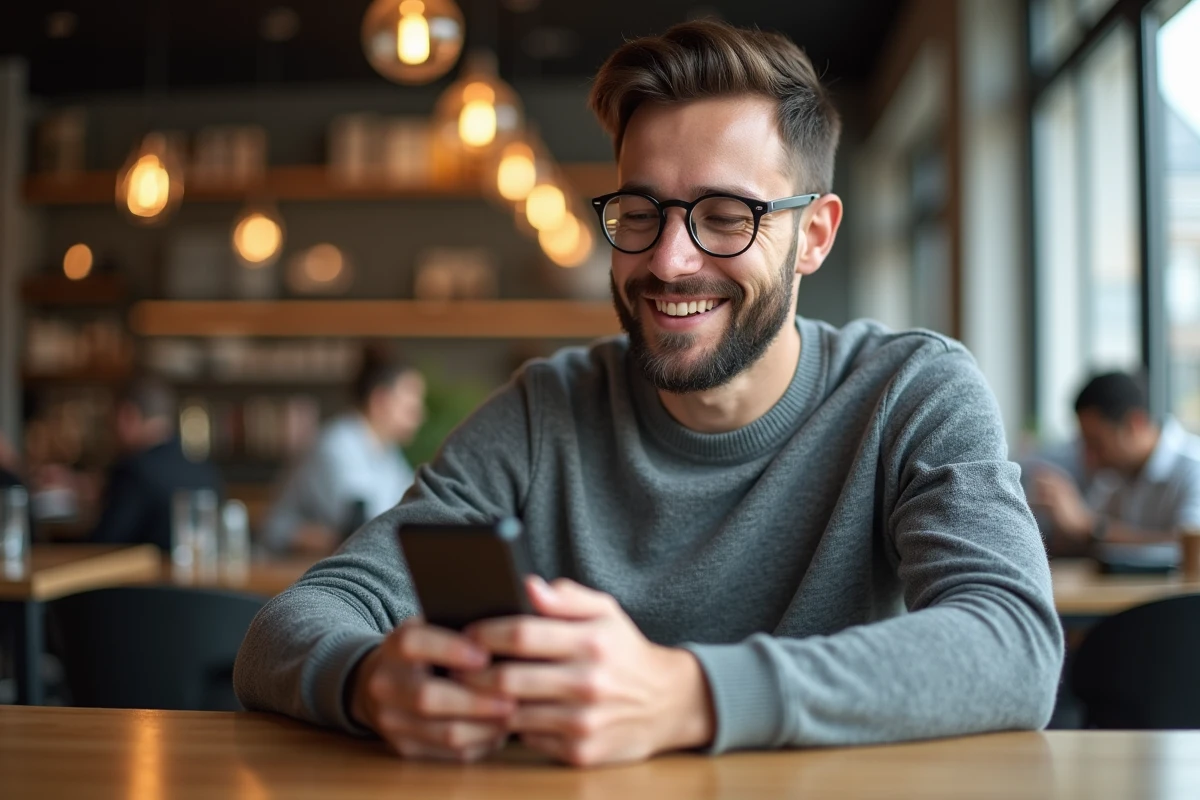 Homme jeune souriant archivant ses relevés bancaires sur son smartphone au café