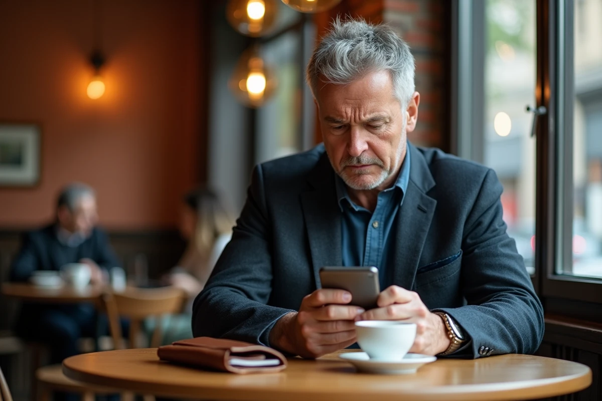Homme frustré dans un café consultant son téléphone après avoir atteint le plafond de retrait de sa carte bancaire