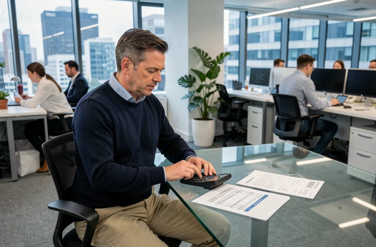 Homme en bureau open space calculant la différence entre salaire brut et salaire net sur sa fiche de paie