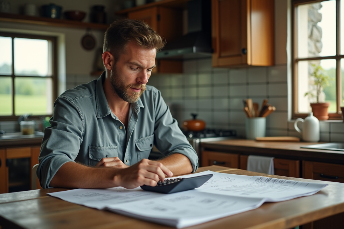 Homme à la table de cuisine avec papiers agricoles