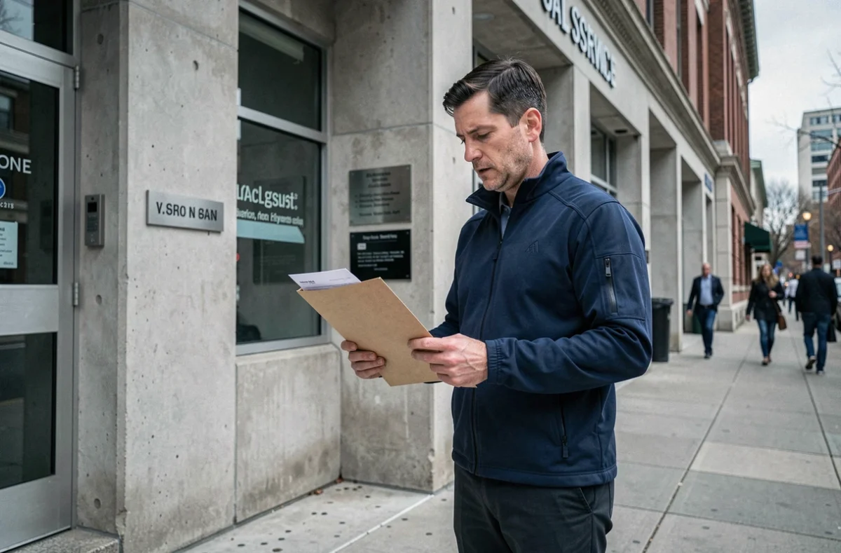 Homme devant un centre d'action sociale tenant un dossier de demande de RSA