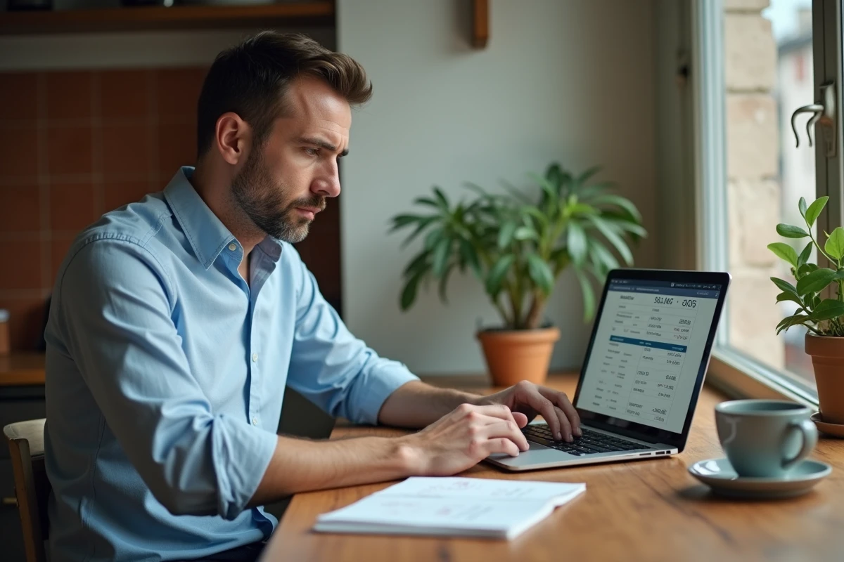 Homme comparant son salaire net avec la moyenne nationale française sur un ordinateur portable à domicile