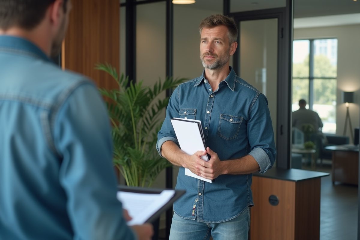 Homme en jeans avec conseiller financier dans un bureau