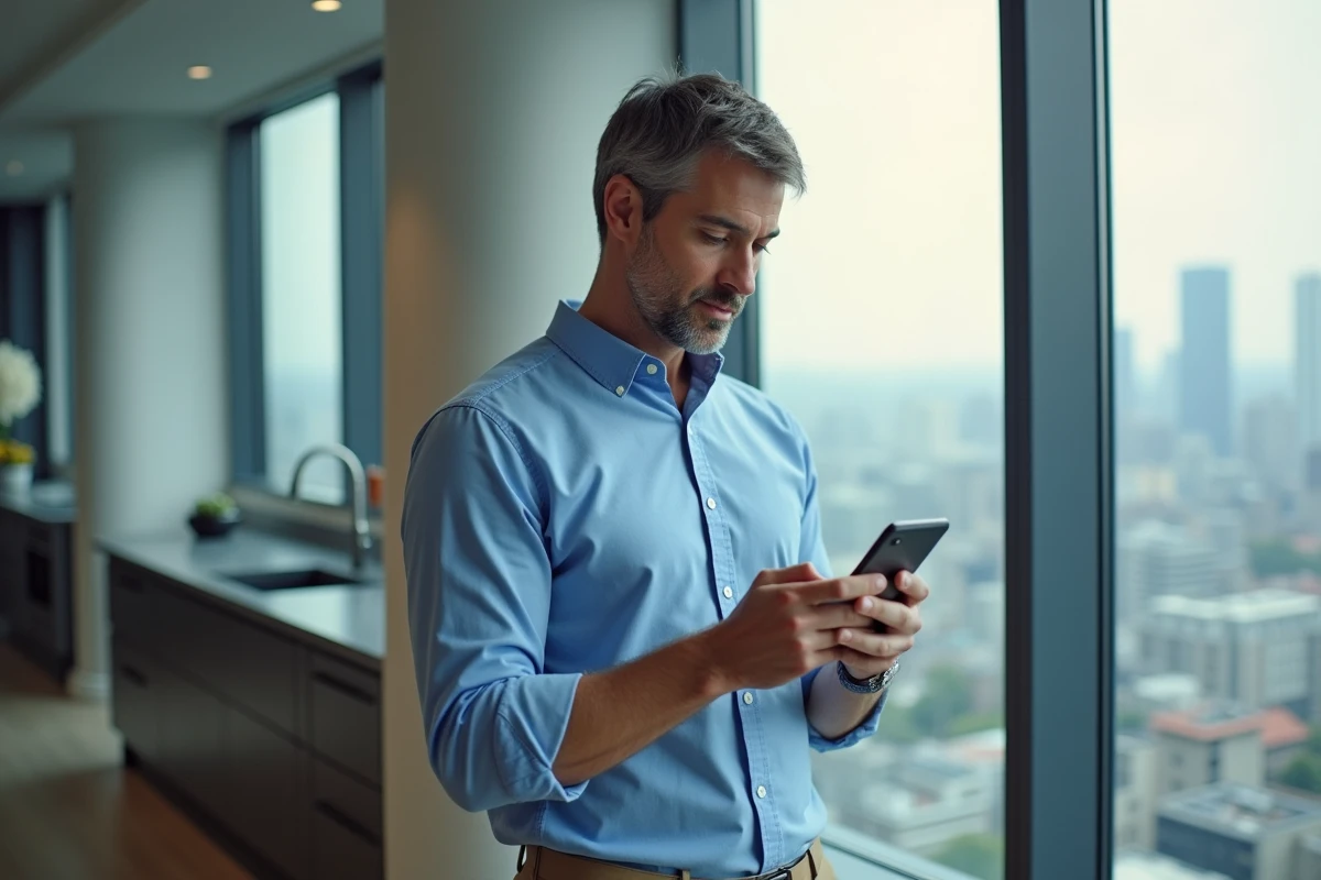 Homme consultant son application bancaire mobile depuis un appartement moderne en ville