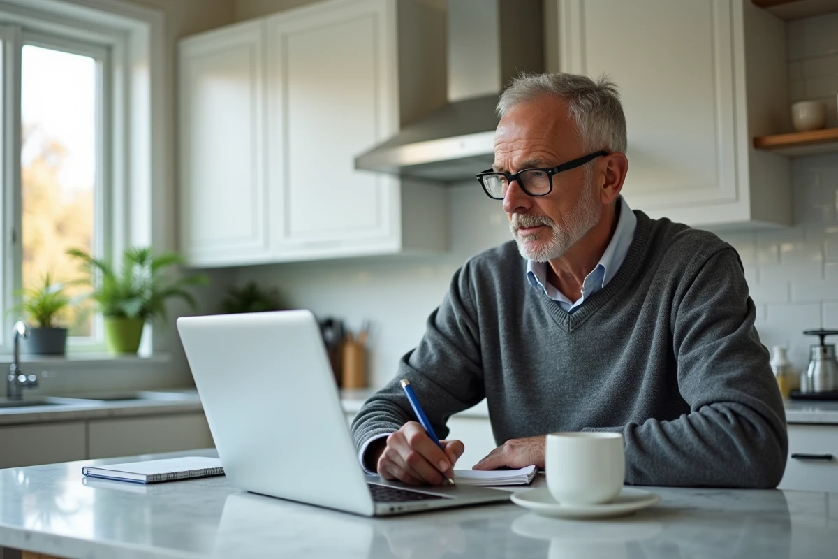 Homme consultant le numéro de téléphone Cetelem sur son ordinateur pour une question d'assurance de prêt immobilier