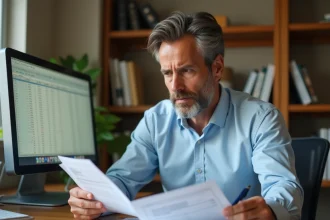 Homme consultant des documents fiscaux liés à la prime carburant sur son bureau à domicile