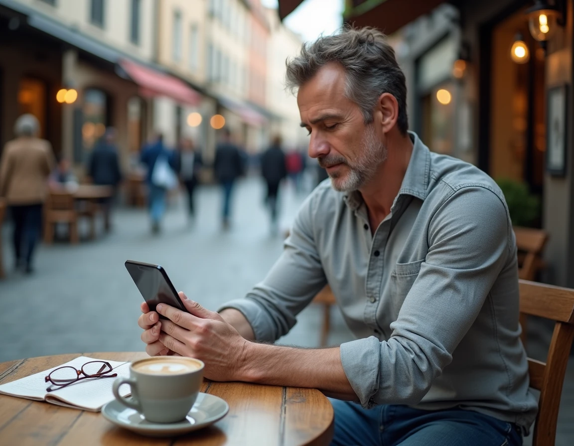 Homme consultant son espace client en ligne sur mobile en terrasse de café en ville