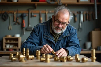 Un homme examinant des pièces en laiton sur un établi dans un atelier de bricolage, pour évaluer leur valeur au kilo