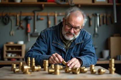 Un homme examinant des pièces en laiton sur un établi dans un atelier de bricolage, pour évaluer leur valeur au kilo