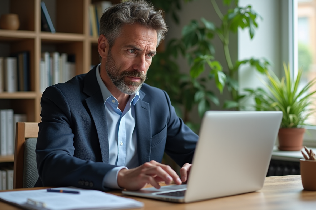 Homme d'âge moyen analysant des graphiques financiers à son bureau