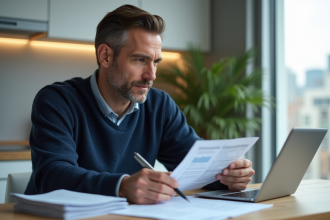 Homme étudiant des documents financiers dans une cuisine moderne