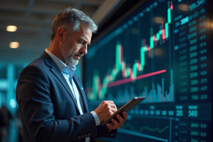 Homme d'affaires étudiant des graphiques financiers sur une tablette