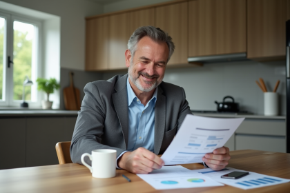 Homme d'âge moyen souriant en regardant des documents financiers
