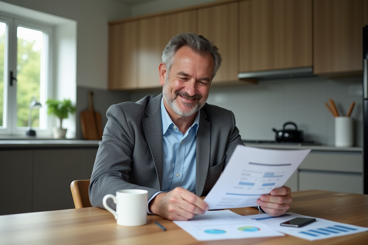 Homme d'âge moyen souriant en regardant des documents financiers