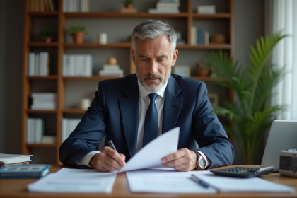 Homme d'âge moyen en costume dans un bureau à domicile