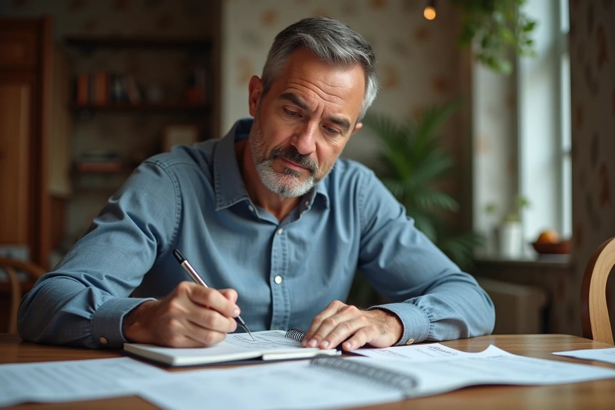 Homme en train de noter ses finances à la maison