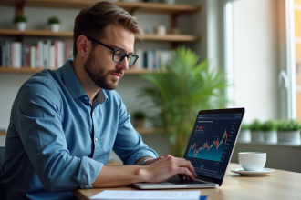 Homme en bureau moderne regardant l'écran de son ordinateur
