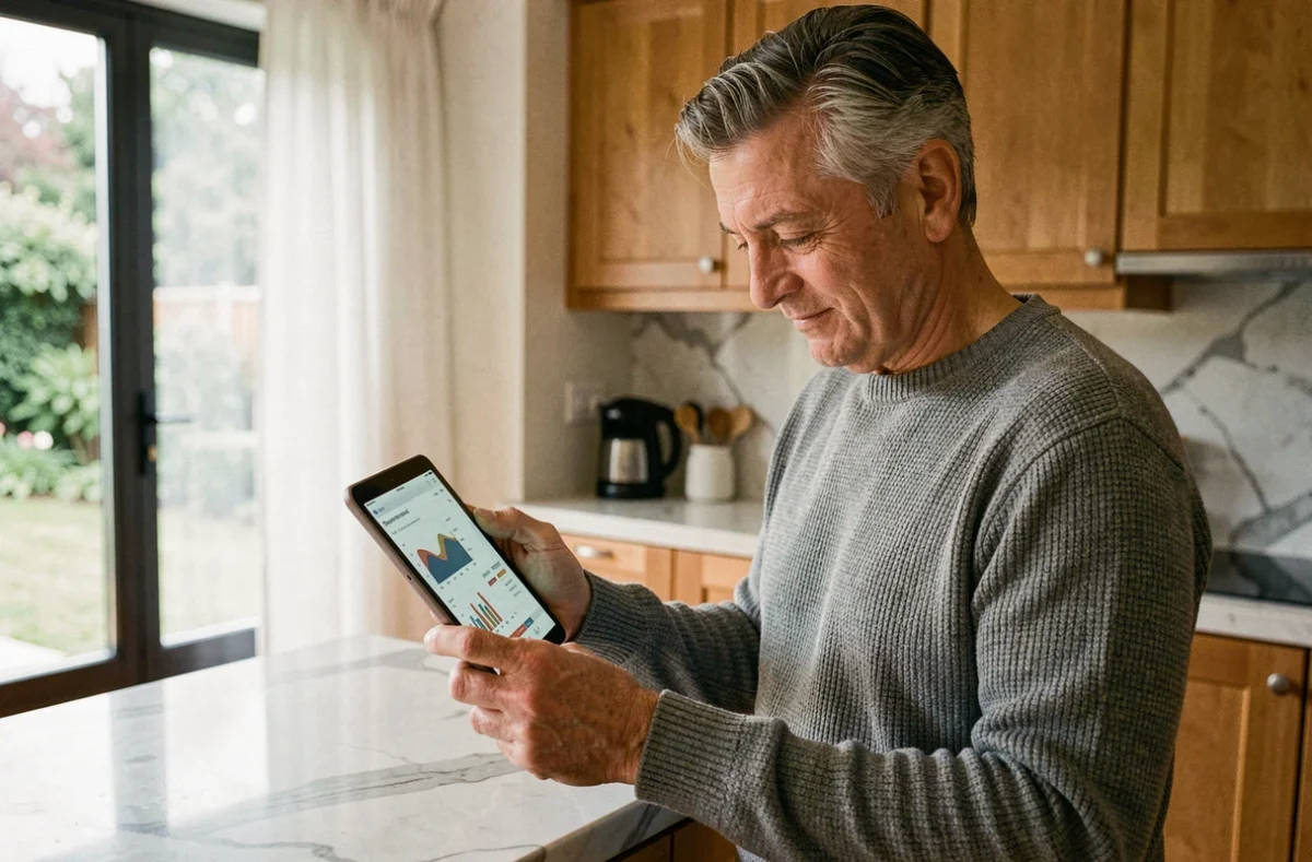 Homme mature consultant un site de conseils en investissement sur une tablette dans sa cuisine
