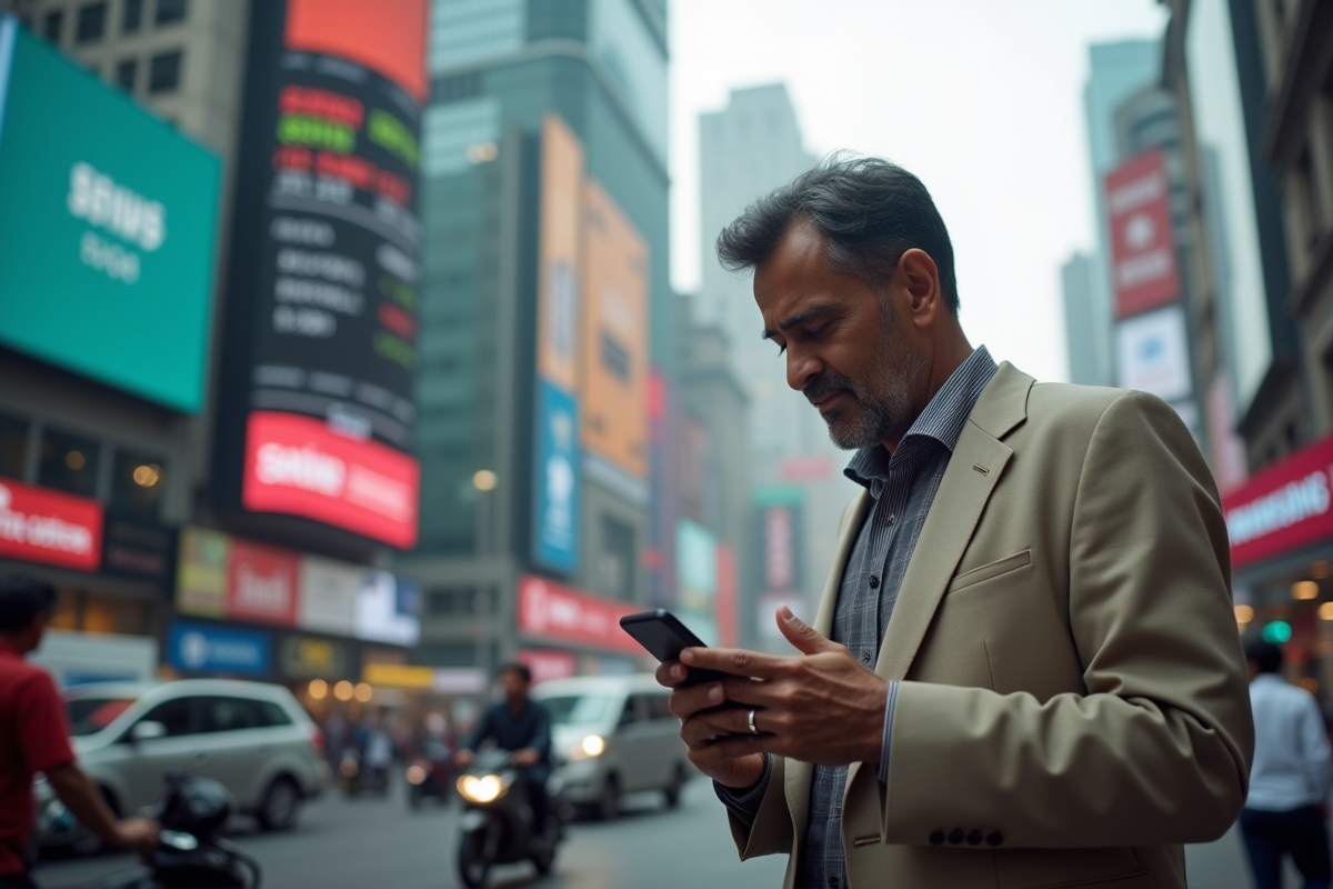 Homme indien dans la rue de Mumbai regardant un ticker boursier
