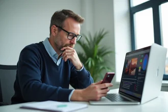 Homme d'âge moyen comparant ordinateur et smartphone